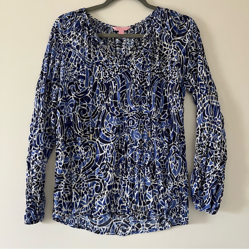 Lilly Pulitzer WOMEN'S SIZE XS Willa Top in Taverna Blue/White Tile Vacation